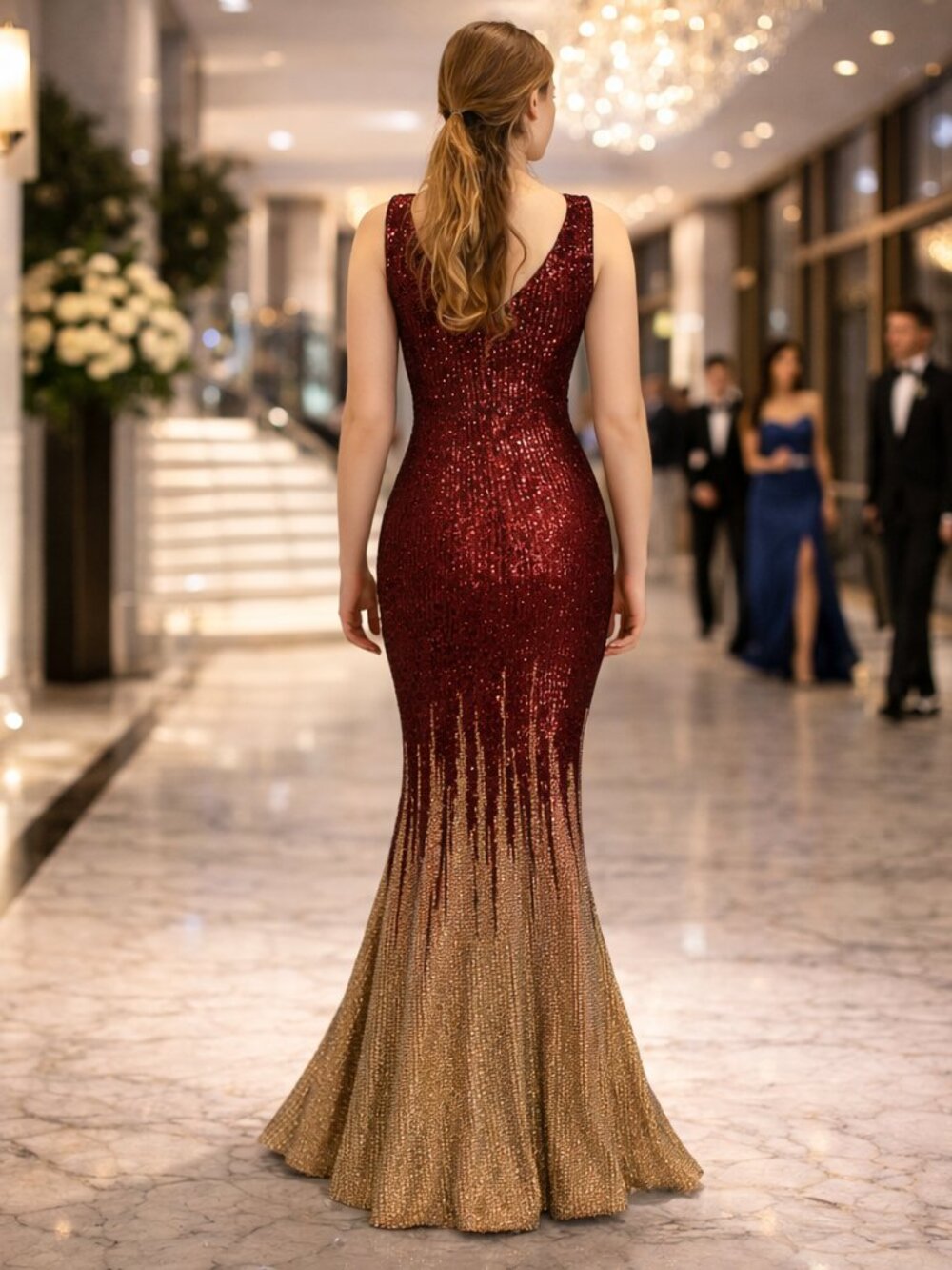 Prom Dress Long Red Gold Sequin Ombre V Neck Fitted Formal Evening Gown - Picture 6 of 15